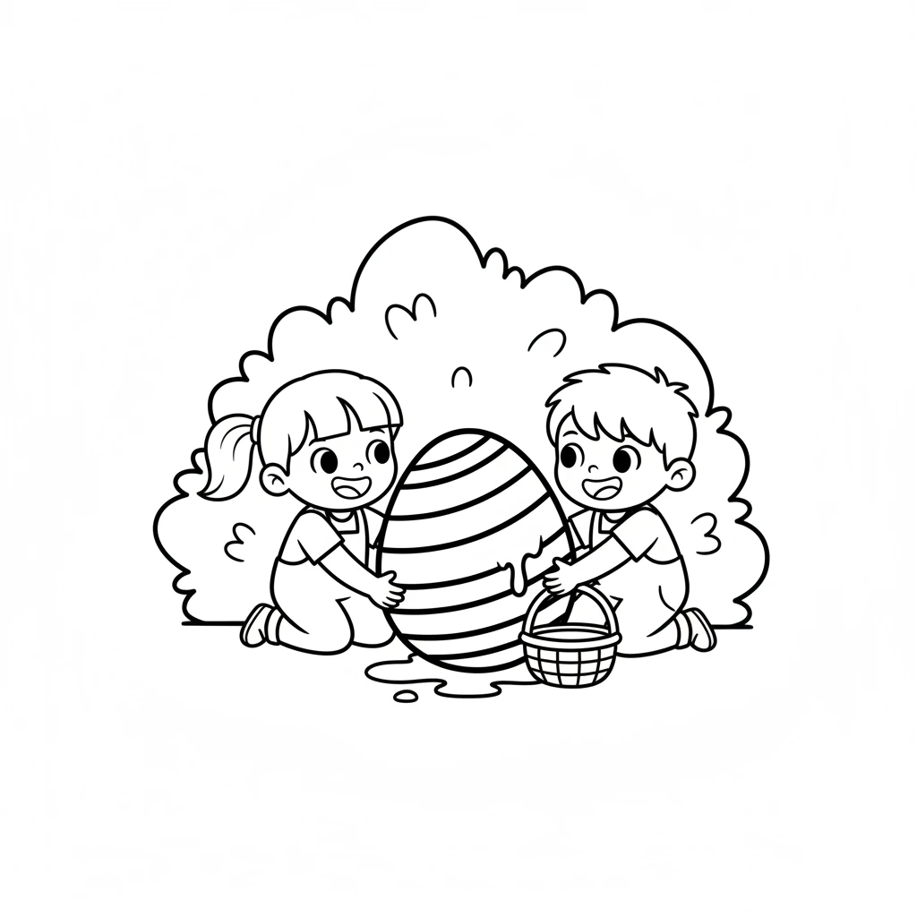 Under a leafy bush, they work together to find a giant, striped chocolate egg! It's almost too big for their baskets.