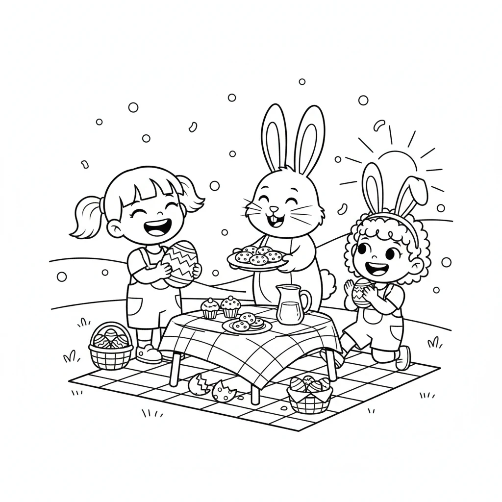 All the friends celebrate Easter together, laughing and sharing delicious treats. It's the happiest Easter ever!