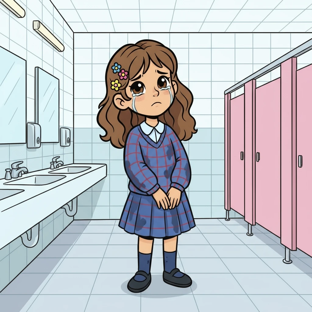 The classroom erupted in giggles, and Tory felt her cheeks burn. Tears welled up, but she forced a smile, pretending everything was fine. After the bell rang, she rushed to the girls' washroom, the laughter echoing in her ears. Her blue and red checkered uniform was soaked with tears, a reflection of her sadness.
