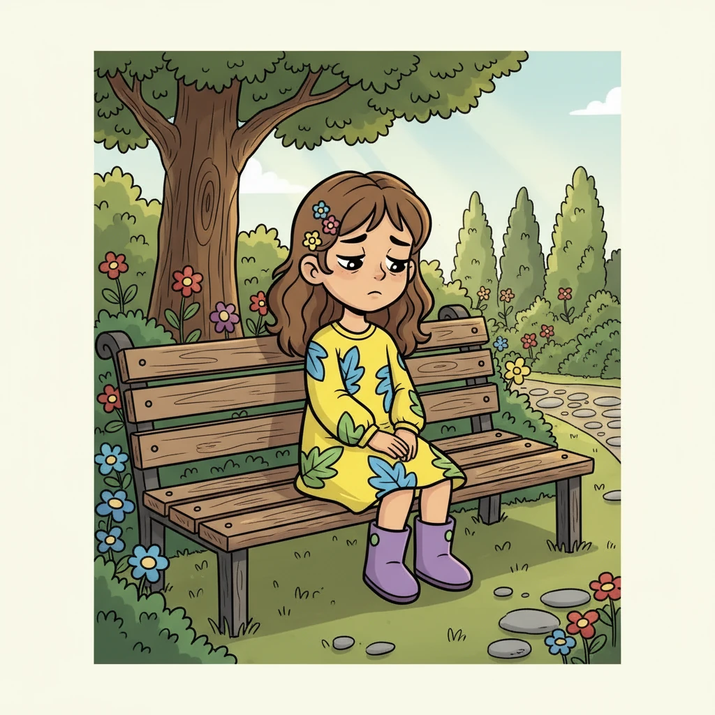 As recess began, Tory, eyes red and puffy, walked slowly towards the school garden. She found an empty bench in a quiet corner, a place where she felt invisible and could share her worries with the silent wood. The bench always seemed to listen, offering a small comfort in her day.