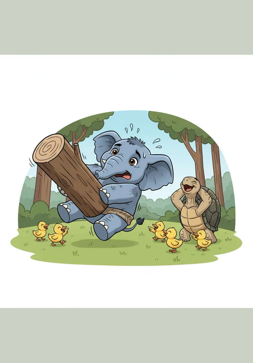 ဖိုးပုက သူ့ရဲ့ ခွန်အားကို ပြချင်တာကြောင့် သစ်လုံးအကြီးကြီးတစ်ခုကို မဖို့ ကြိုးစားခဲ့ပါတယ်။ ဒါပေမဲ့ သူက အရှိန်လွန်ပြီး လဲကျသွားတဲ့အတွက် တောထဲက တိရစ္ဆာန်လေးတွေက သူ့ကို ကြည့်ပြီး ရယ်မောခဲ့ကြပါတယ်။