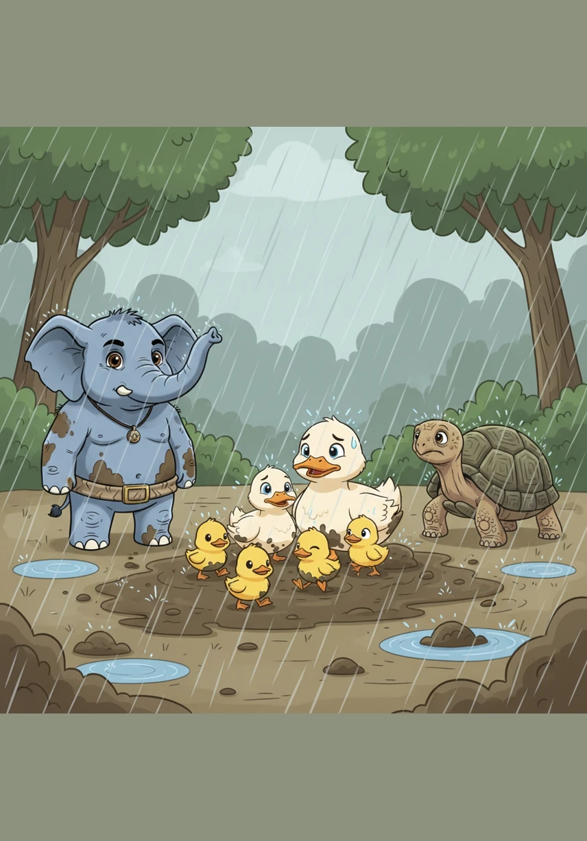 မကြာခင်မှာပဲ မိုးတွေ သည်းထန်စွာ ရွာသွန်းပြီး လမ်းတွေက ရွှံ့ဗွက်တွေ ဖြစ်ကုန်ပါတယ်။ ဘဲမိသားစုလေးဟာ ရွှံ့ဗွက်ထဲမှာ ပိတ်မိနေပြီး အပြင်ကို မထွက်နိုင်ဘဲ ဖြစ်နေကြပါတယ်။