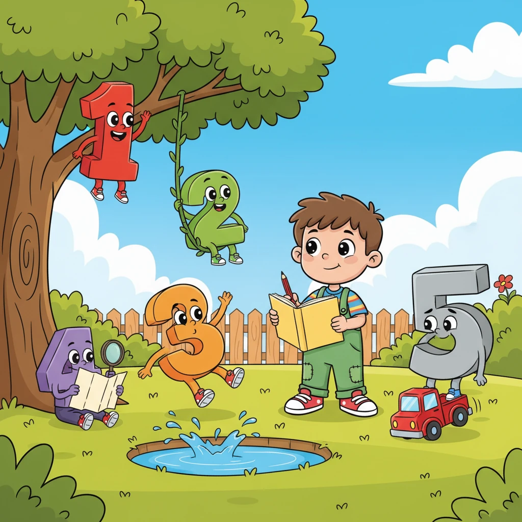 Leo stood in his sunny backyard, holding his special counting notebook. Red Number 1 waved from a tree, Green Number 2 swung on a vine, Orange Number 3 bounced over a puddle, thoughtful Purple Number 4 sat with a map, and clumsy Grey Number 5 tripped over a toy, but smiled. Leo wanted to count all the way to 10, but some numbers were missing!