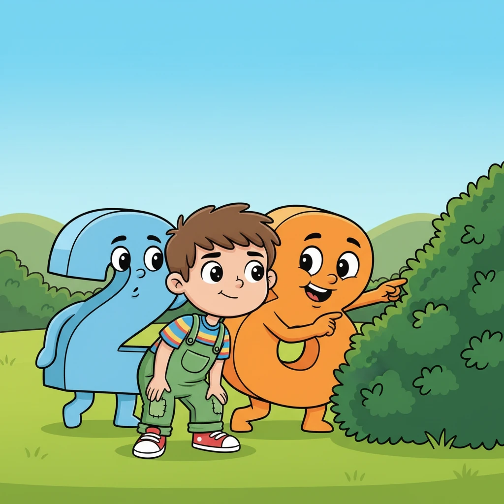 The big numbers leaned in close to Leo, whispering and pointing towards a thick, leafy bush. 'Psst, Leo!' whispered Number 8 with a playful grin, 'Something funny is happening over there… maybe 6 and 7 are involved!'