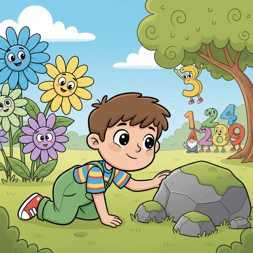 With all his number friends, Leo began to search high and low. He crawled on his hands and knees, peeking under rocks and behind giant flowers. He looked up into the trees and even behind the garden gnome, determined to find the missing duo.