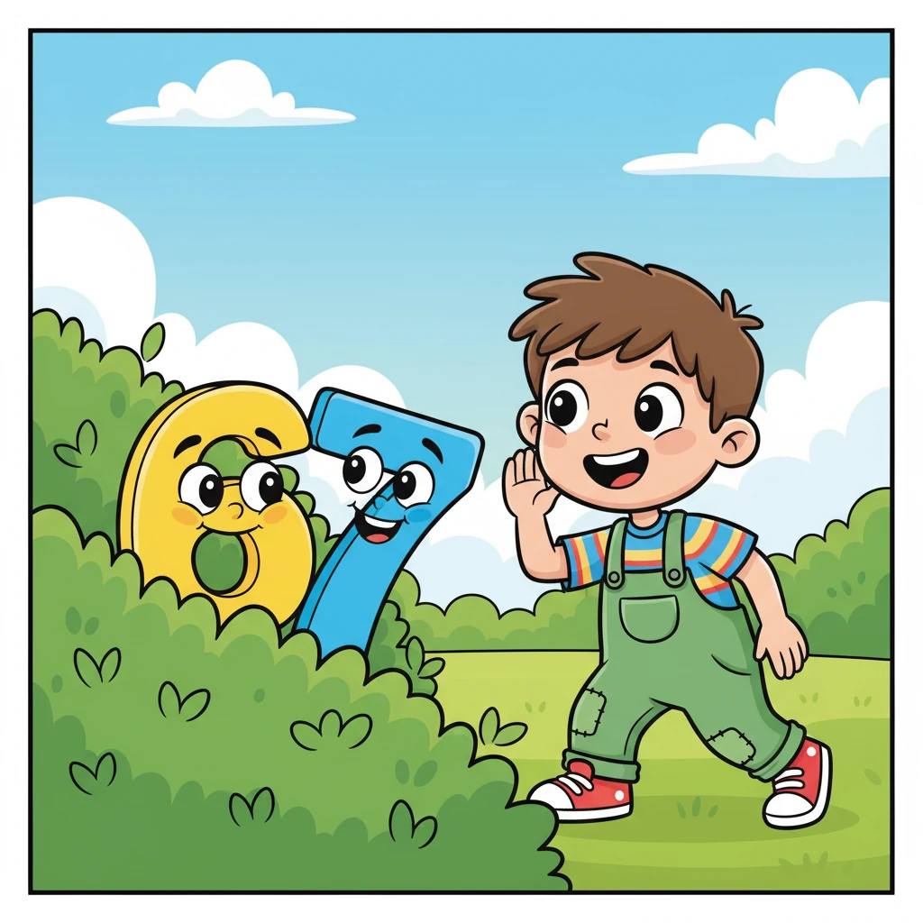 Suddenly, a tiny giggle floated from behind a big, leafy bush! Leo crept closer and saw Yellow Number 6 and Blue Number 7 peeking out, their eyes wide with playful mischief. 'Aha!' Leo whispered, 'There you are, 6 and 7!'