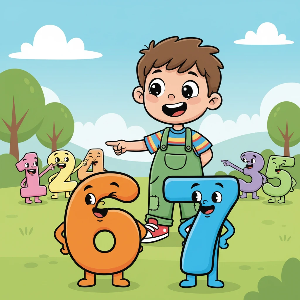 Leo pointed his finger playfully at the two mischievous numbers. 'What are you two up to?' he asked with a smile. 6 and 7 just grinned back, their hands behind their backs, pretending to be completely innocent. All the other numbers watched, giggling and pointing.
