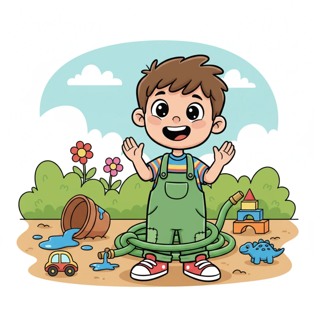 The scene around them revealed the aftermath of 6 and 7's fun! There was a little spilled paint on a garden pot, a tripped shoelace tied to a garden hose, and toys scattered everywhere. 6 and 7 finally confessed, still with mischievous grins, 'It was us! But it was just a little fun!'