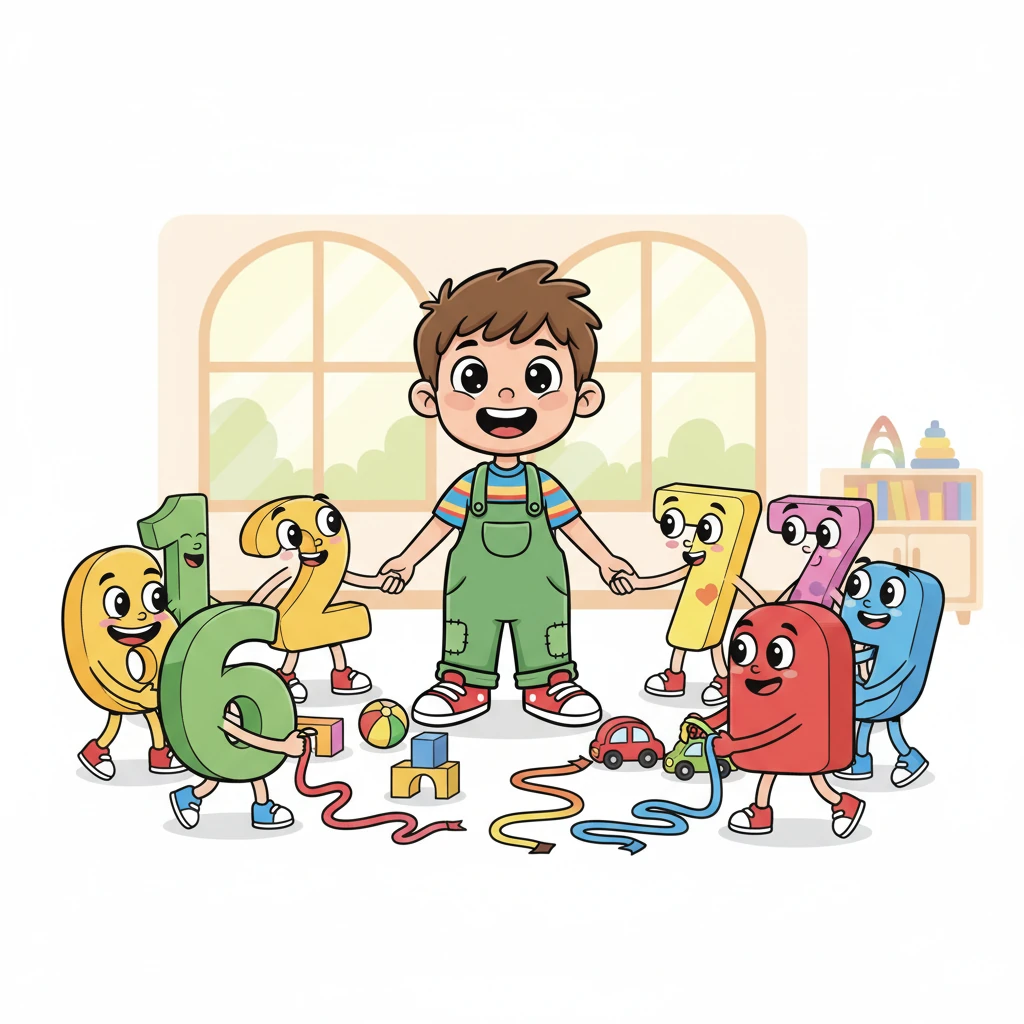 Soon, 6 and 7 were cheerfully helping everyone tidy up the scattered toys and untangle the shoelaces, with big smiles on their faces. Then, all the numbers, from 1 to 10, gathered around Leo, holding hands in a big, happy circle. Counting was so much fun when everyone was together!