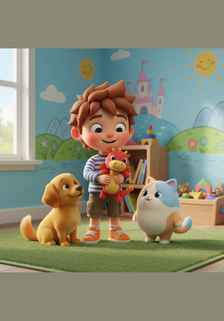 Leo is a cheerful boy who loves exploring the vibrant meadow near his home, where the grass is green and the flowers bloom in every color. He greets a wagging golden retriever and a bright blue bird, feeling a deep connection to all the creatures that live under the wide, sunny sky.