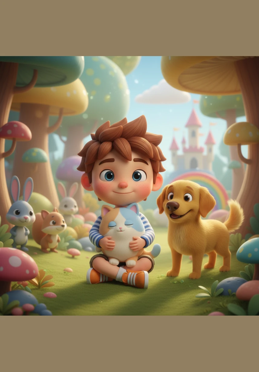The animals gather around Leo as he sits in the soft grass, sensing his gentle spirit and warm heart. A friendly cat rubs against his knee while butterflies dance around his head, creating a scene of perfect harmony between a kind child and his animal friends.