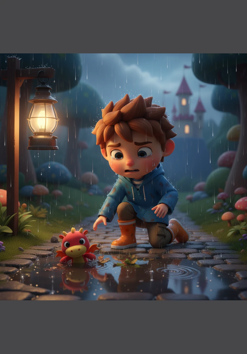 Leo kneels in the puddles and speaks softly to the frightened dog, showing it that there is nothing to fear. He gently wraps his warm yellow raincoat around the shivering pup, promising to protect it from the biting wind and the cold rain.