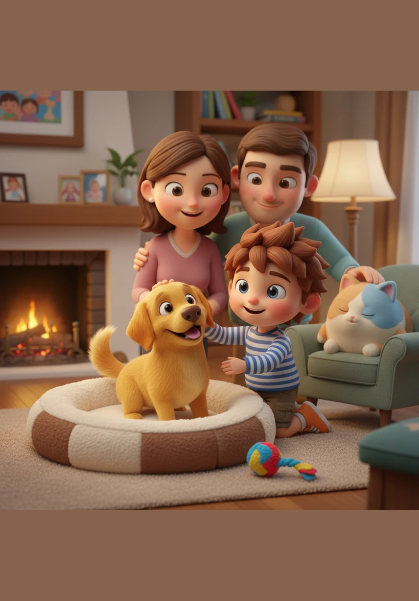 Leo and his parents create a cozy corner in the living room with a soft, plush bed and a colorful toy for the rescued dog. The dog’s tail begins to wag with joy as it realizes it finally has a safe place to sleep and a family to love it forever.