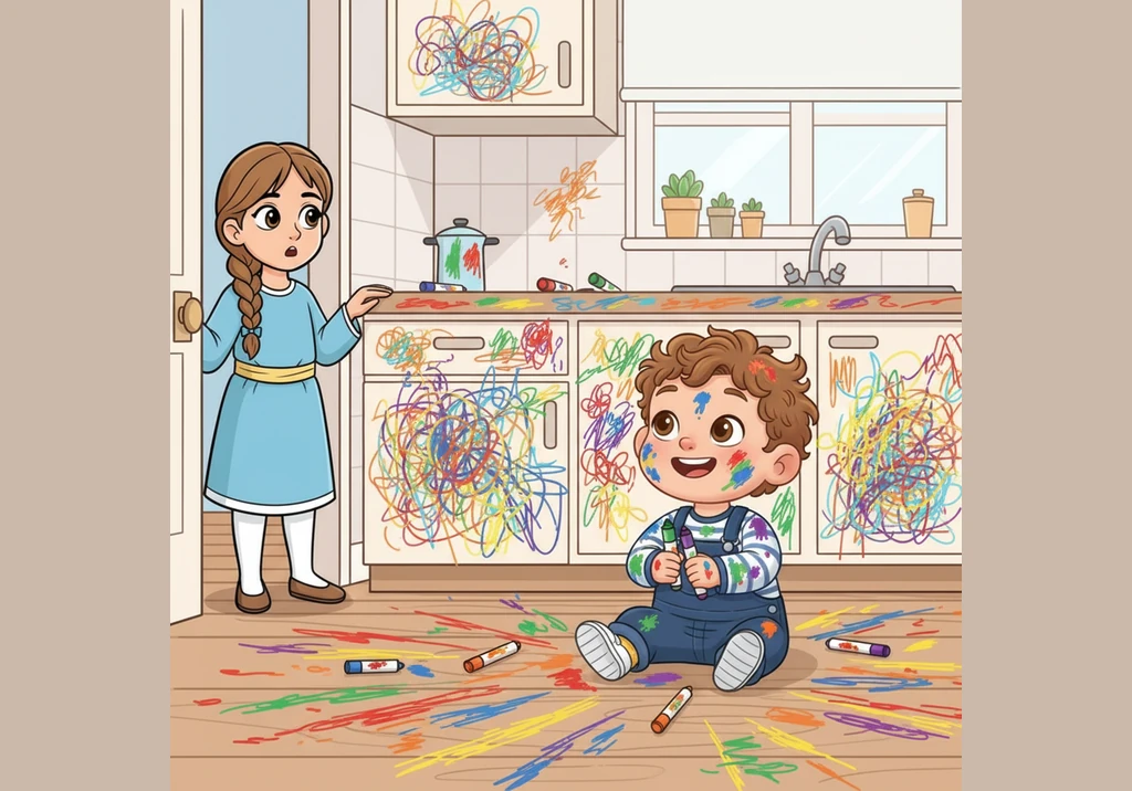 Maryam walks into the kitchen to find her two-year-old brother, Ehaan, sitting in a sea of rainbow marker streaks. The cabinets are covered in scribbl