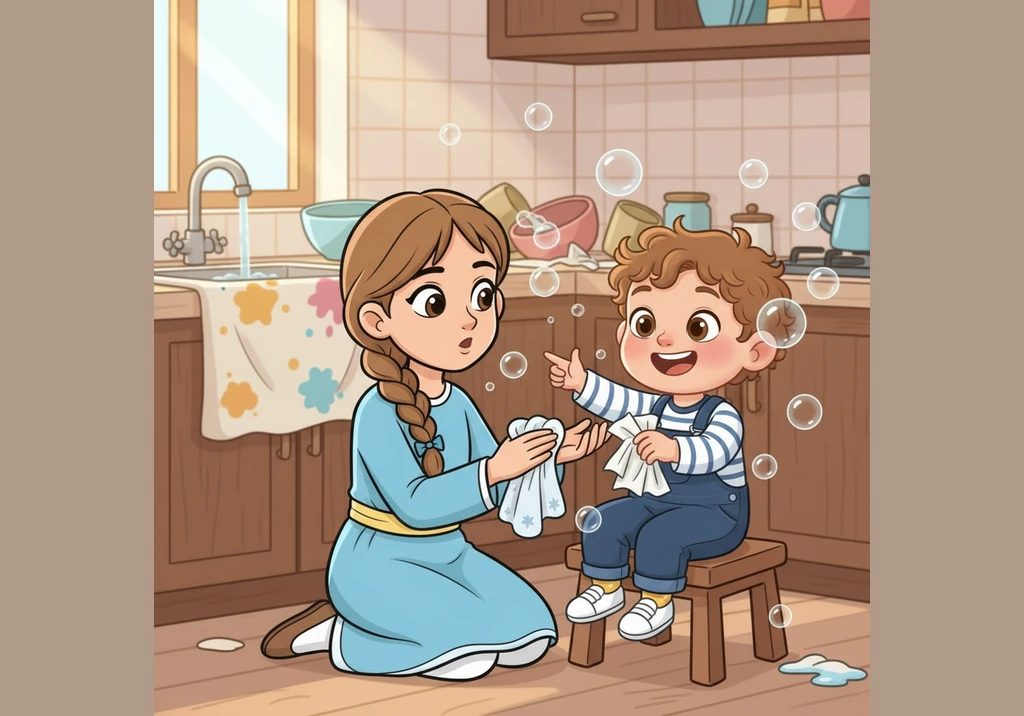 Taking a deep breath and counting to five just like her teacher taught her, Maryam gently wipes Ehaan’s hands while he tries to help by handing her us