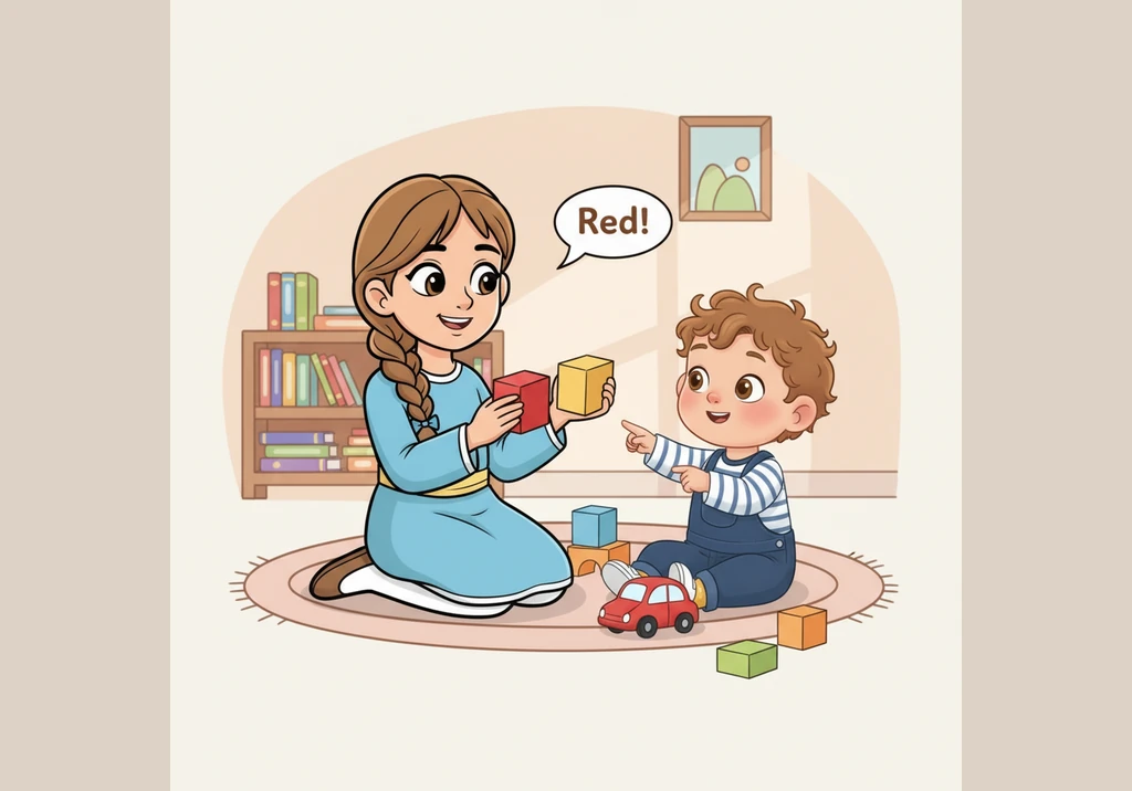 Maryam sits on the floor with Ehaan, using her old wooden blocks to teach him how to name his colors. Every time he chirps a word like "wed" or "boo,"