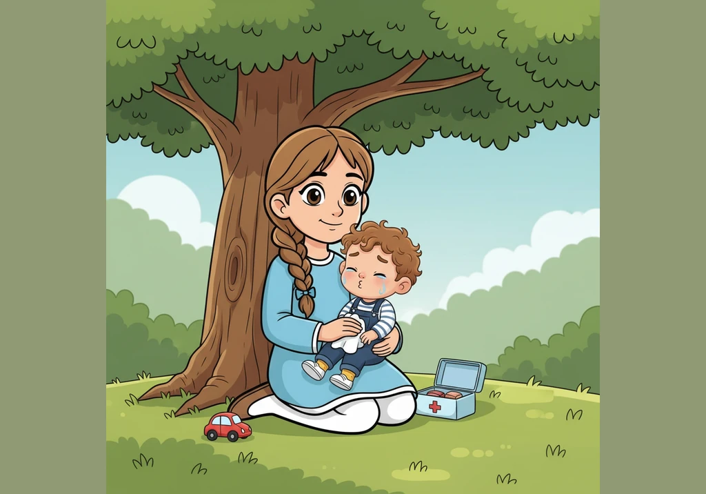 With steady hands and a soft voice, Maryam cleans Ehaan’s scrape and holds him close under the shade of a large tree. Ehaan curls up in her lap and tr