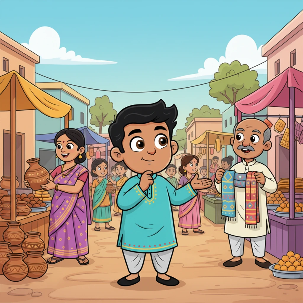 Rohan, a bright-eyed boy, noticed his friends and neighbors in his bustling Indian village selling their wonderful creations at tiny stalls. He saw the beautiful pottery, colorful scarves, and delicious sweets, but also noticed that not everyone could easily find them. His heart wished there was a way for everyone to see these treasures.