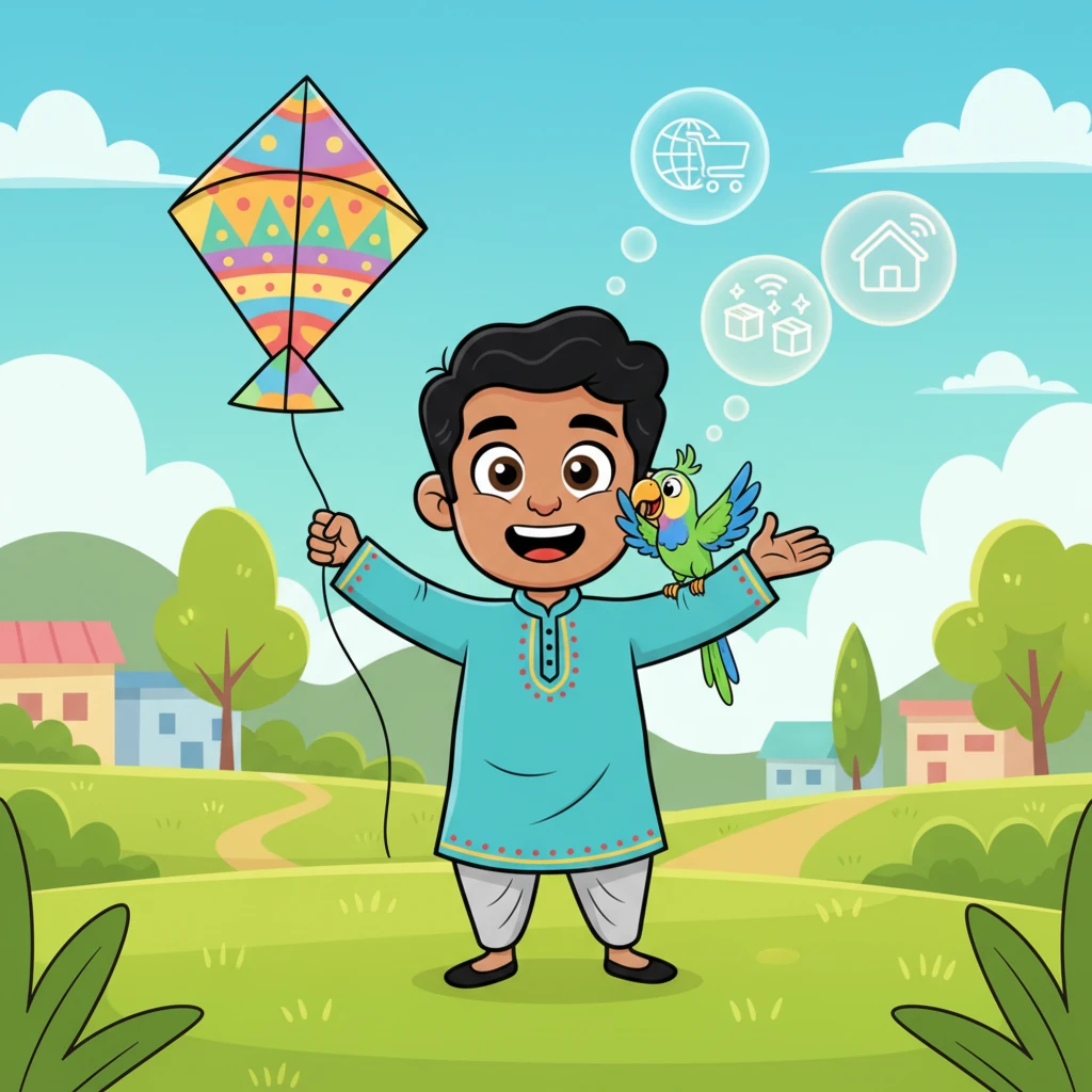 One sunny afternoon, while playing with his kite, Rohan had a brilliant idea! "What if we had a magical market that everyone could visit from anywhere, even without leaving their homes?" he exclaimed to his pet parrot, Mithu, who chirped excitedly. He envisioned a vibrant online space where all the village's unique items could sparkle.