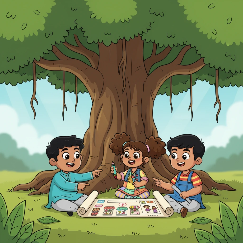 Rohan gathered his friends, Maya the artist and Krish the builder, to help bring his dream to life. They sat under a grand banyan tree, drawing plans for their "Digital Bazaar" on a giant scroll. They imagined a colorful website with clickable stalls and happy customers.
