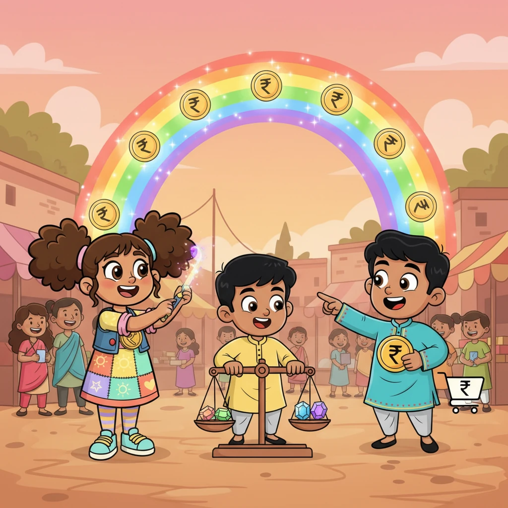 The biggest challenge was figuring out the money! Rohan remembered his grandpa talking about "Indian Rupees" and "GST." Maya drew shimmering "Rupee Rainbows" that would glow for every sale, and Krish designed sparkling "GST Gems" that would ensure fairness for everyone, making sure the bazaar helped their village grow.