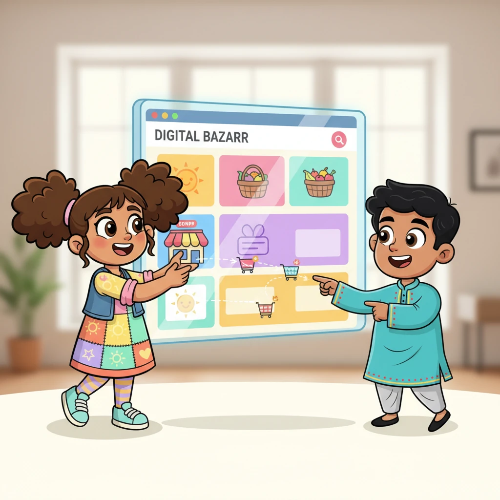 With a sprinkle of digital magic and a lot of teamwork, the "Digital Bazaar" website began to take shape! It was a kaleidoscope of colors, with little animated carts zipping around and friendly icons welcoming visitors. They meticulously added spaces for each vendor's unique shop.