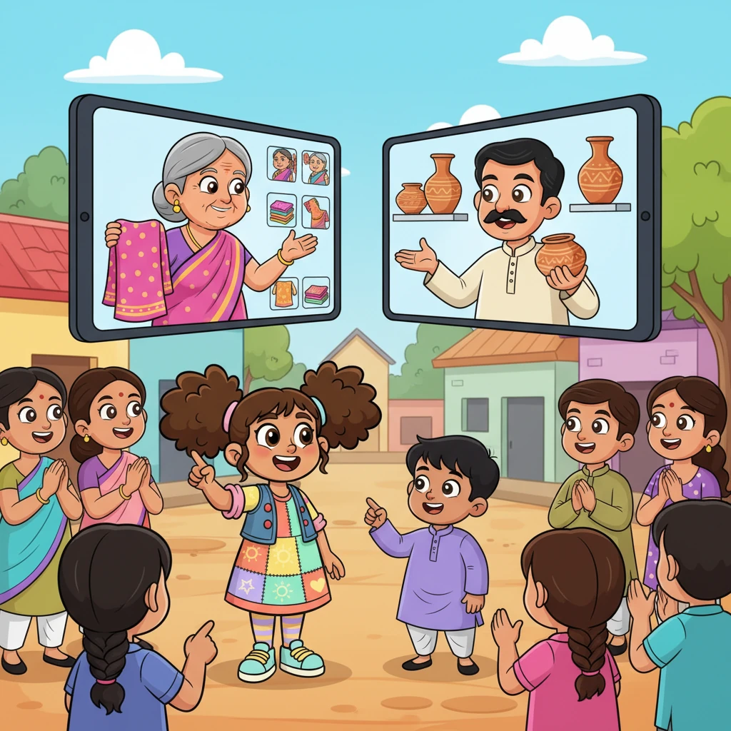Rohan, Maya, and Krish proudly invited the village vendors to set up their virtual shops. Mrs. Sharma, the weaver, uploaded pictures of her intricate sarees, while Mr. Gupta, the potter, showcased his charming clay pots. Everyone was thrilled to have a new way to share their talent.