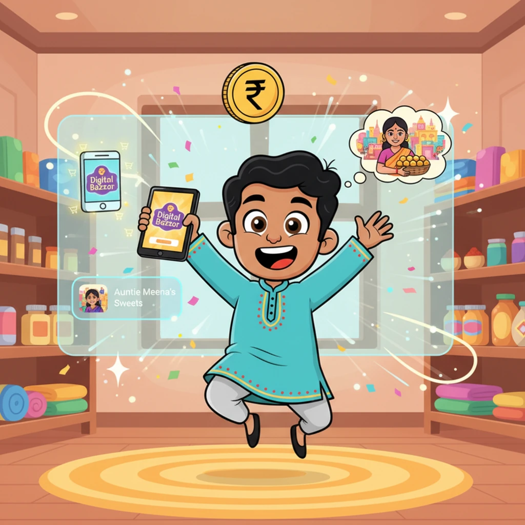 The grand opening day arrived, and with a joyful click, Rohan launched the "Digital Bazaar" to the world! Soon, a little 'ding!' sound echoed – their very first sale! A customer from a faraway city had bought a basket of delicious homemade ladoos from Auntie Meena.