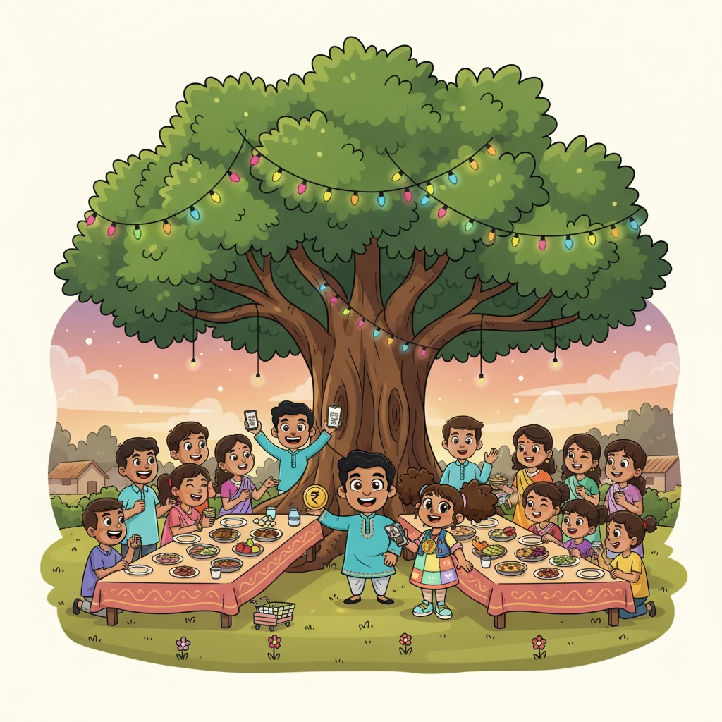 To celebrate their success, the entire village gathered for a grand feast under the same banyan tree where Rohan first dreamed. Laughter filled the air as everyone shared stories of their online sales, all thanks to Rohan's wonderful "Digital Bazaar," a true marketplace of joy.