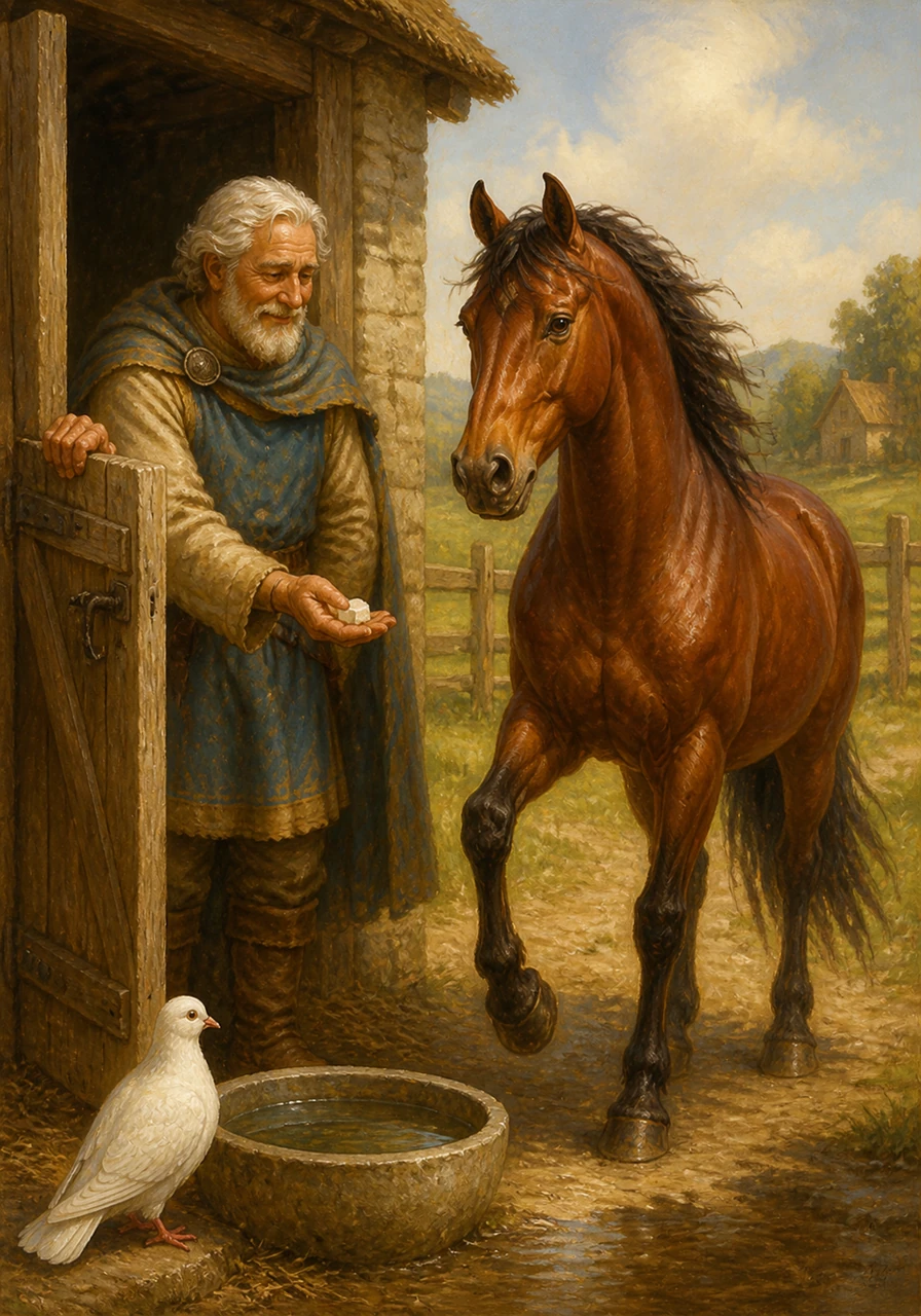 A wise old knight cared for Rahma, opening her stable door with love and allowing her to roam the farms. He provided her with sweet sugar and fresh water, respecting her wild and untamed spirit.