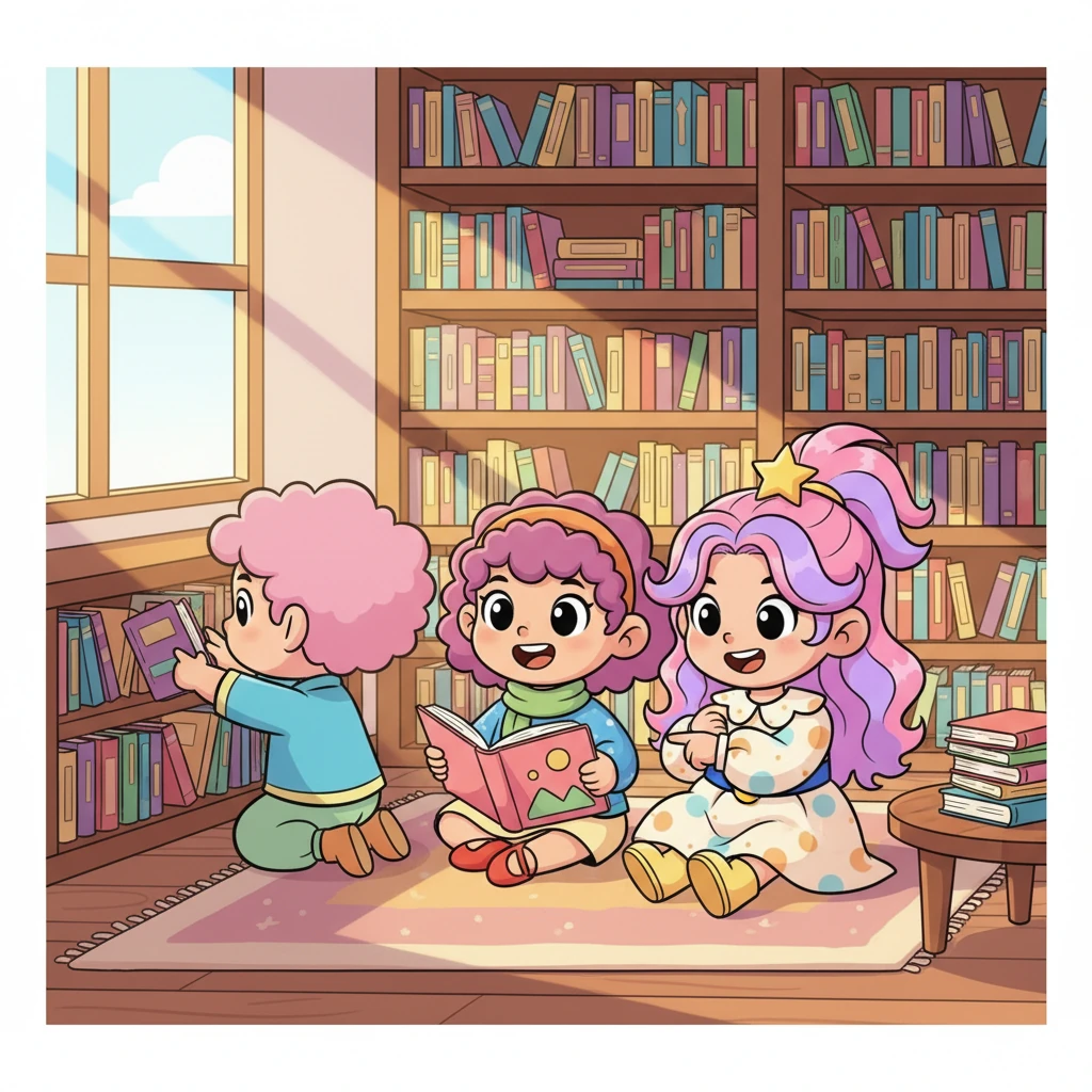 Di sebuah sore yang cerah, Sephora, Syahla, dan Zezsya berkumpul di perpustakaan mini rumah Syahla. Buku-buku berwarna-warni berjejer rapi, dan mereka duduk di atas karpet empuk dengan senyum ceria. Mereka siap untuk petualangan belajar baru yang selalu menyenangkan.