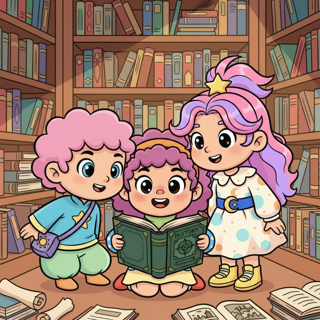 Syahla memegang sebuah buku sejarah tua yang sampulnya terlihat menarik, lalu membukanya perlahan. Di salah satu halaman, ada sebuah foto hitam putih yang menarik perhatian mereka. Ketiga sahabat itu mendekat, mata mereka berbinar penuh rasa ingin tahu.