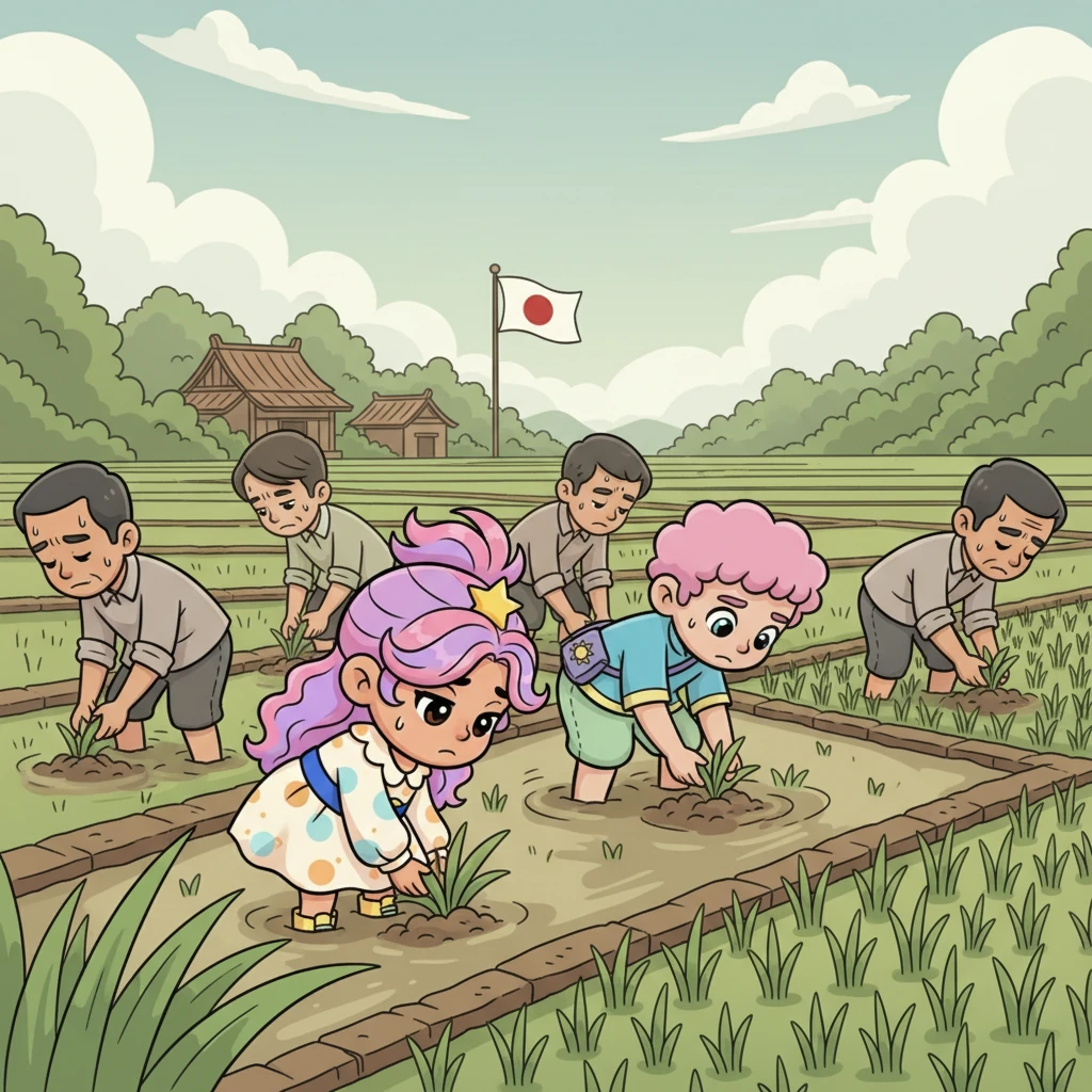 Foto itu menunjukkan sekelompok orang Indonesia yang sedang bekerja keras di ladang, wajah mereka tampak lelah namun tetap berusaha. Di kejauhan, bendera Jepang berkibar kecil, dan beberapa bangunan dengan arsitektur khas Jepang terlihat samar. Suasana dalam foto terasa berat, namun digambar dengan gaya kartun yang ramah anak.