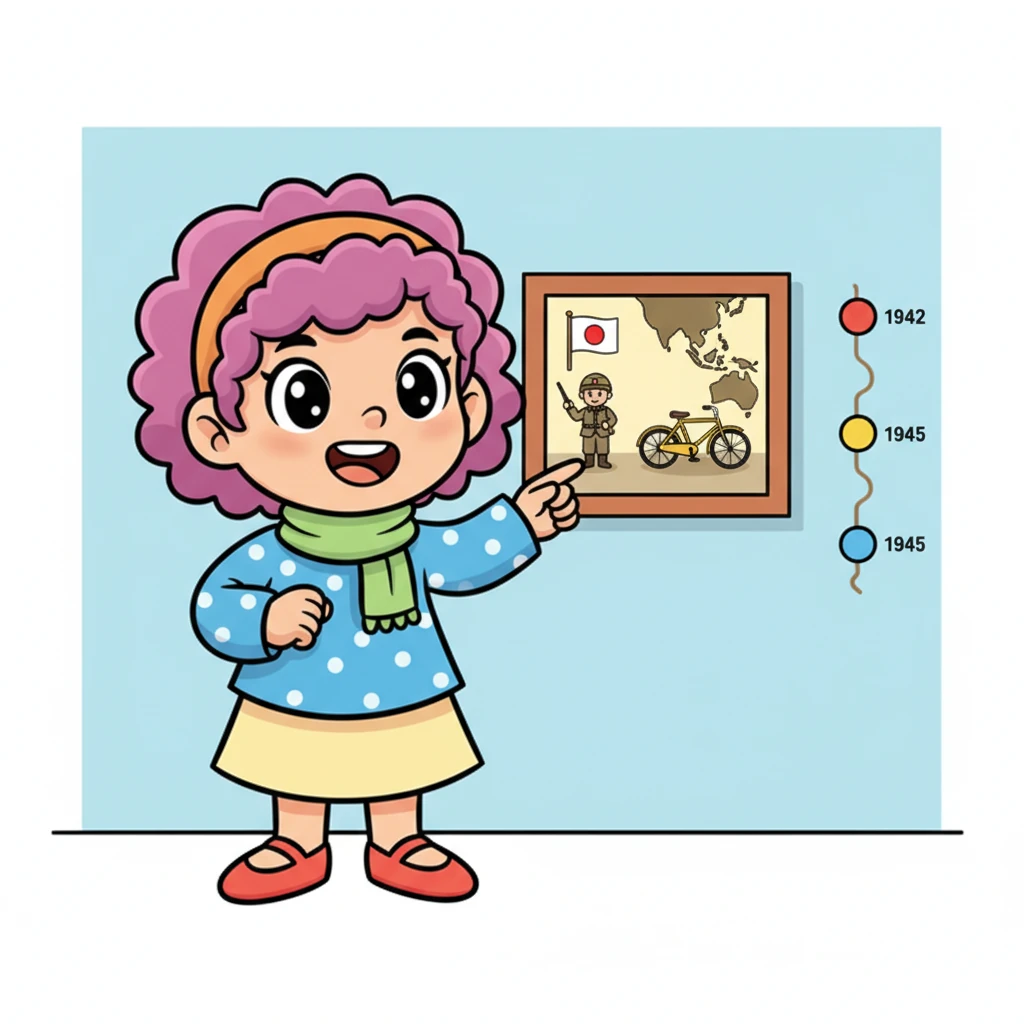 Syahla, yang selalu senang berbagi pengetahuan, mulai menjelaskan dengan sabar. "Ini adalah gambar yang menceritakan tentang masa pendudukan Jepang di Indonesia," katanya sambil menunjuk beberapa detail di foto. Sebuah garis waktu sederhana muncul di sampingnya, menunjukkan tahun-tahun penting.