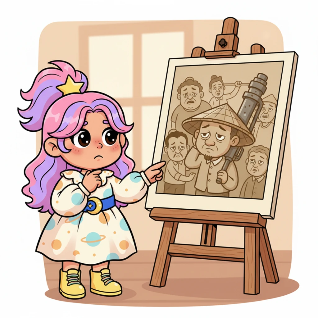 Zezsya mengamati wajah-wajah orang di foto dengan cermat, ekspresinya sedikit sedih. "Mereka terlihat sangat lelah, ya? Sepertinya mereka bekerja keras sekali," ujarnya pelan. Ia menunjuk seorang bapak dengan topi caping yang memanggul alat berat yang digambar berlebihan.