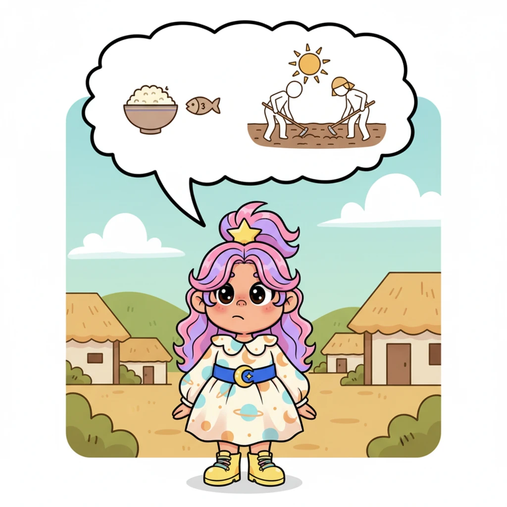 Syahla mengangguk, "Betul sekali, Zezsya. Foto ini menggambarkan bagaimana kondisi rakyat Indonesia saat itu, termasuk penderitaan yang mereka alami." Sebuah ilustrasi balon dialog muncul di atas kepala Syahla, menunjukkan gambar makanan yang sedikit dan pekerjaan yang berat, namun tetap dengan gaya kartun yang lembut.