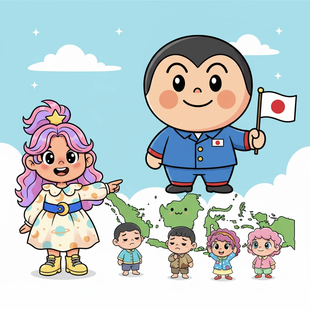 Syahla menjelaskan, "Pada masa itu, Jepang adalah pihak yang berkuasa di Indonesia." Sebuah ilustrasi muncul: seorang tokoh kartun Jepang yang besar tapi ramah, berdiri di atas peta Indonesia yang tersenyum kecil. "Dan rakyat Indonesia adalah yang mengalami banyak penderitaan," tambahnya, menunjukkan orang-orang di foto.