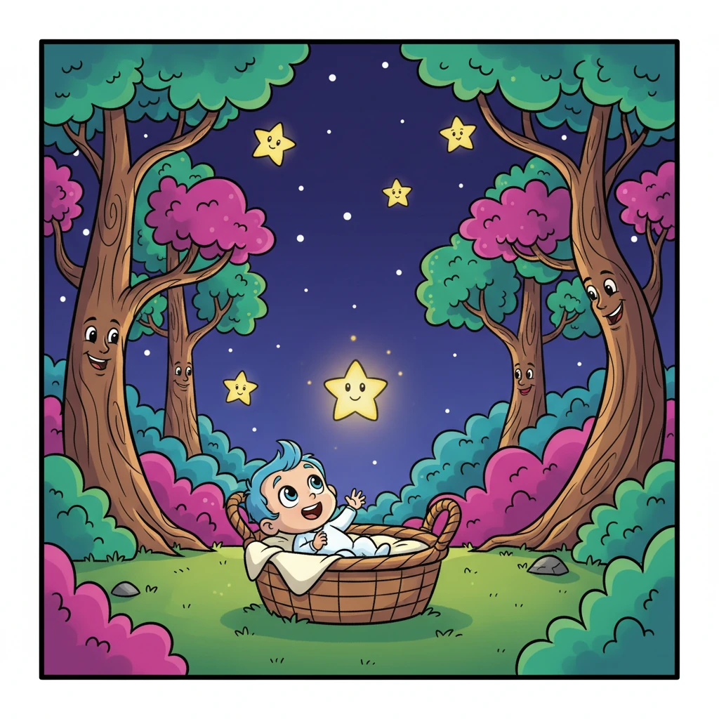 A tiny, glowing star twinkled in the night sky, gently descending towards a whimsical forest filled with oddly shaped, friendly trees. It softly landed in a mossy clearing, revealing a snuggly basket. Inside, a wide-eyed baby named Joel gurgled happily, completely unaware of the magical journey he'd just taken.