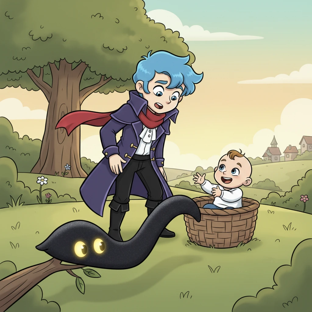 Suddenly, the longest shadow from a nearby tree stretched out, wiggling playfully. It wasn't scary, but rather a shimmery, friendly silhouette with two curious, glowing eyes. The shadow gently nudged Joel's basket, making the baby giggle and reach out with tiny hands.