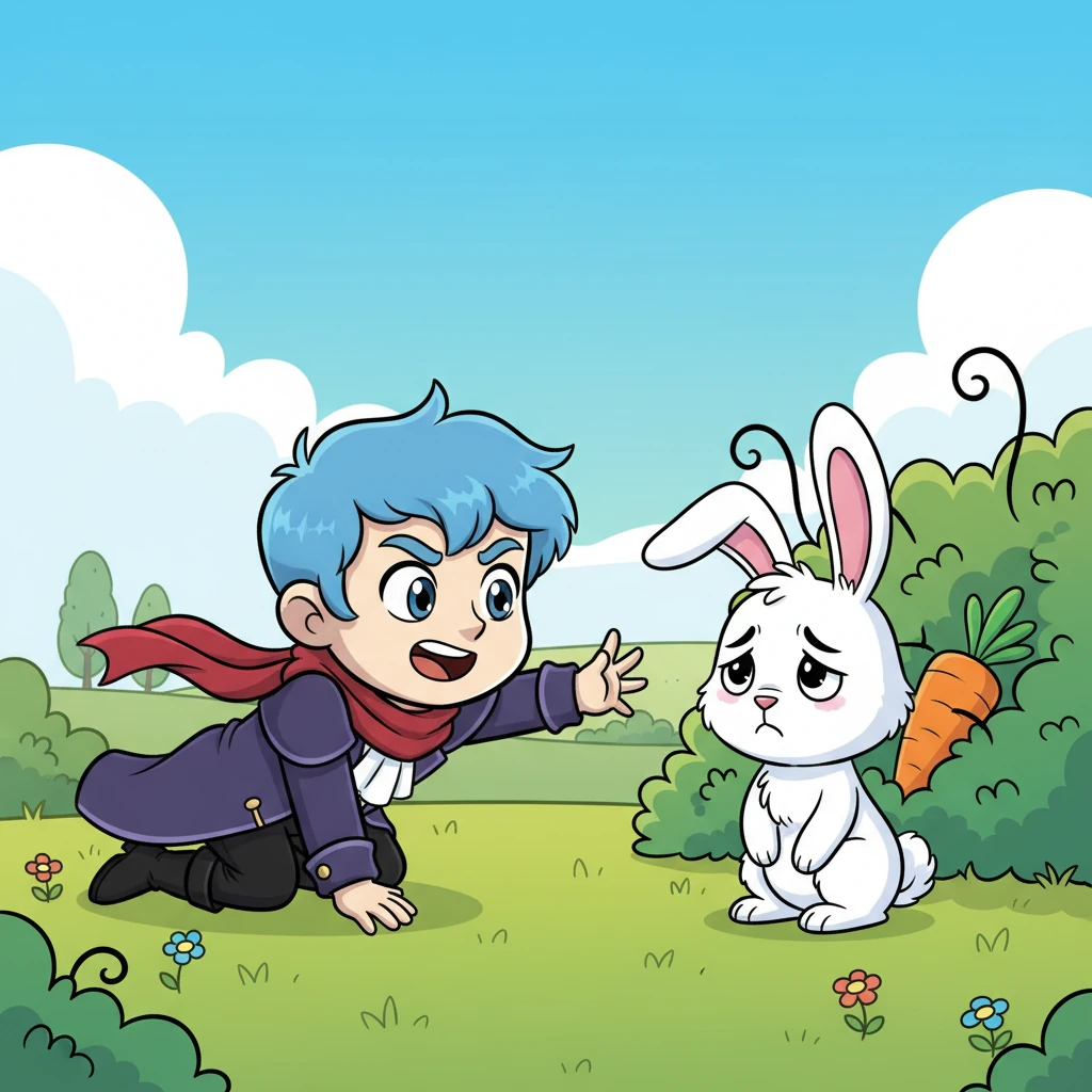 One sunny afternoon, Joel, now a wobbly toddler, saw a fluffy bunny looking very sad. The bunny's favorite carrot toy had rolled into a tricky, thorny bush. Joel's eyes sparkled with determination; it was time for a secret mission!