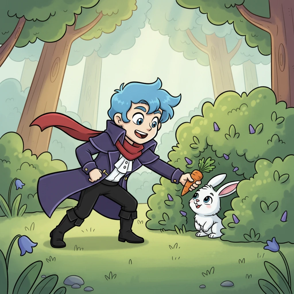 Quietly, Joel activated his "shadow stealth." He tiptoed like a whisper, his movements light and quick, just like the shadow had shown him. He carefully reached into the bush, his tiny hand expertly avoiding the thorns, and retrieved the lost carrot for the grateful bunny.
