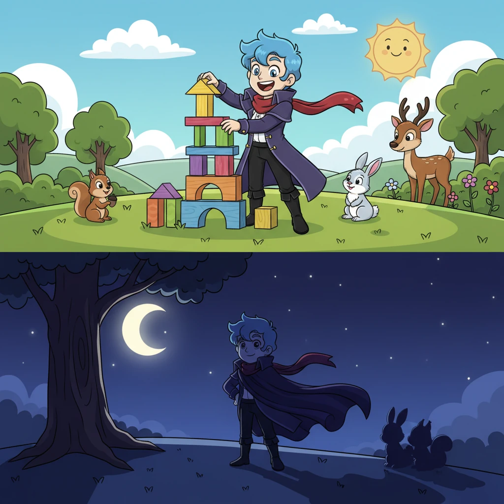 During the day, Joel was just a regular, cheerful child, building block towers and laughing with his forest animal friends. But when the moon peeked out, he'd put on his imaginary "shadow cape," ready for new, playful adventures that only he and his shadow friend knew about.