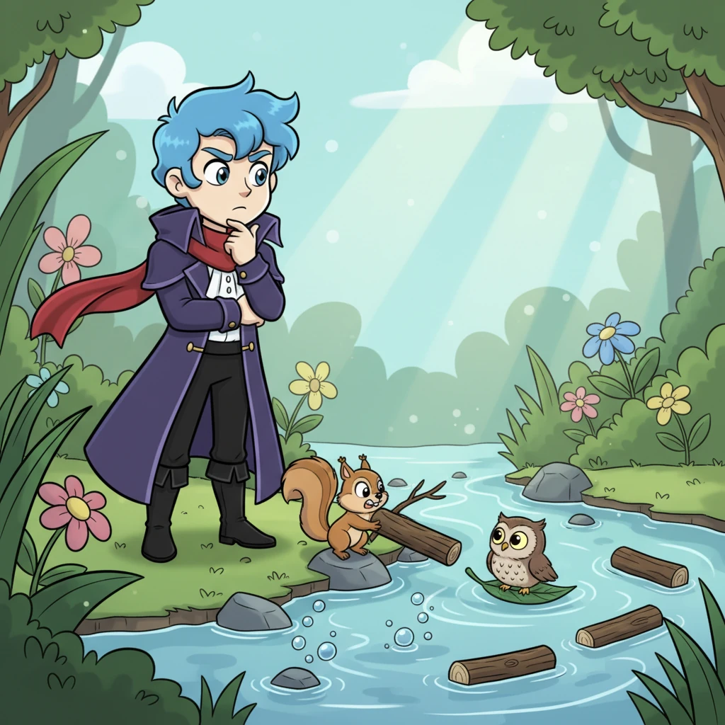 One day, while exploring a bubbling brook, Joel met a little squirrel named Squeaky and a tiny owl named Hoot. They were trying to build a bridge across the water, but the logs kept floating away. Joel watched their struggles, a thoughtful look on his face.