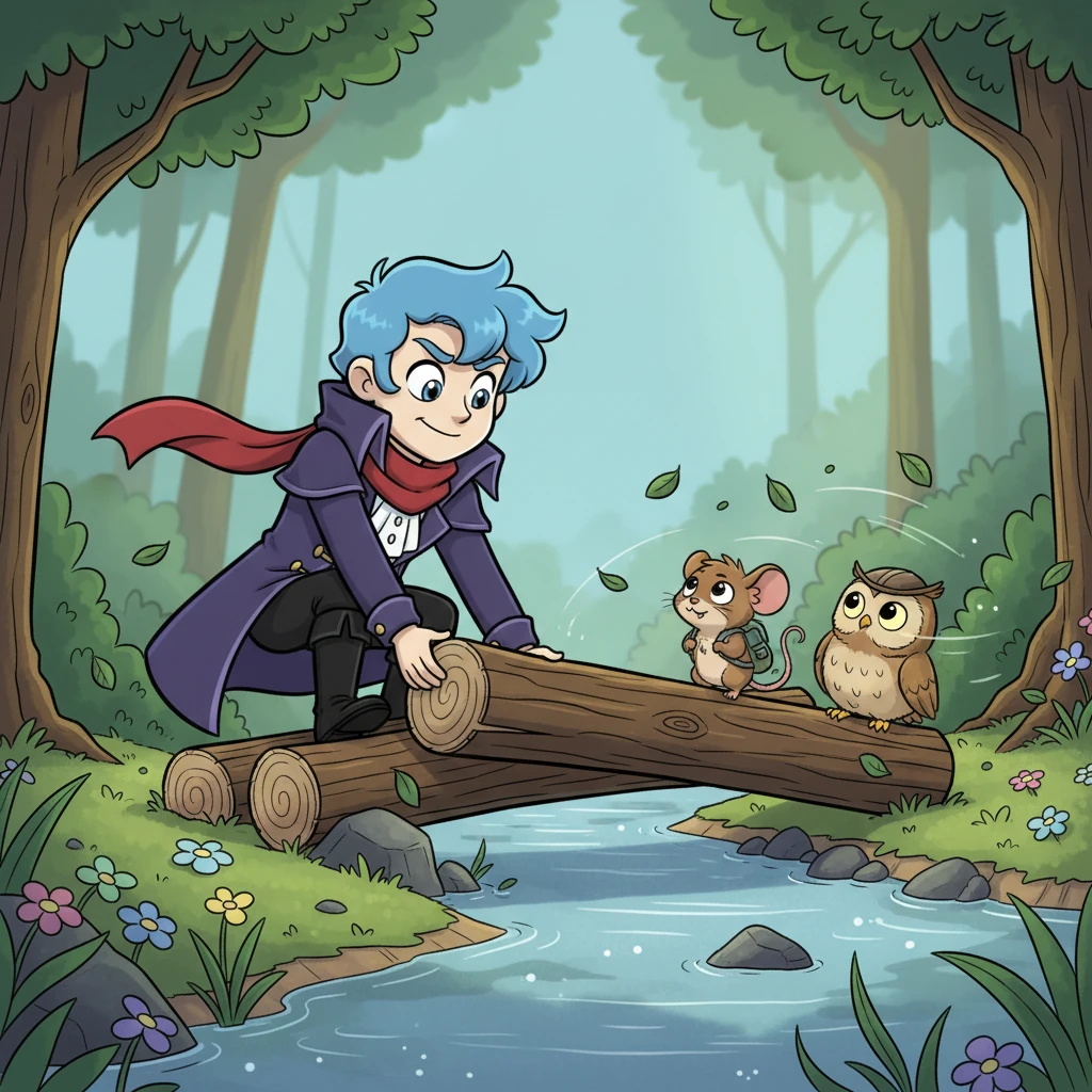 Joel remembered his shadow training, especially how to move things without being seen. He quietly nudged the logs with his foot, positioning them perfectly while Squeaky and Hoot thought it was just a lucky breeze. Together, they finished the wobbly but sturdy bridge.