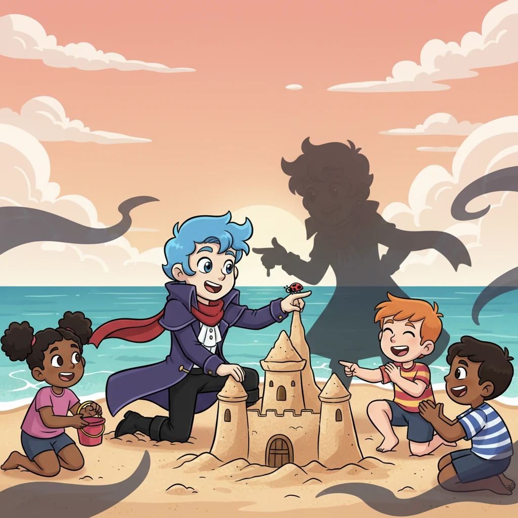 Now a joyful and confident child, Joel continued his playful shadow adventures, always with a kind heart. He knew that whether he was building sandcastles or secretly helping a lost ladybug, every day was an opportunity to be a little hero, surrounded by his loving friends and the magical, whispering shadows.