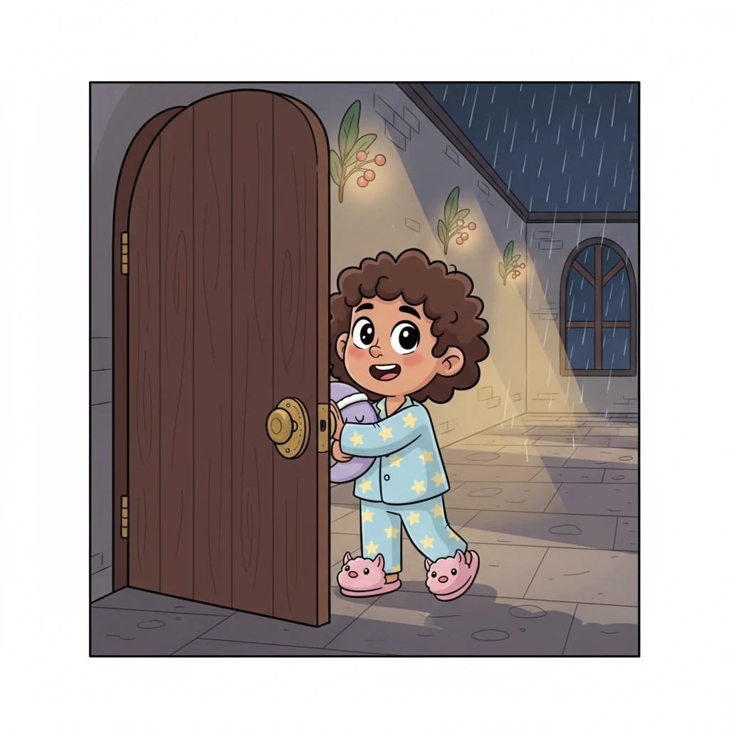 You take a deep, calming breath, the air around you feeling soft and clean, before you slowly open your room's heavy wooden door. A gentle, diffused glow from enchanted sconces illuminates the quiet corridor, casting long, peaceful shadows that dance with your slow steps. The distant, steady rhythm of the rain continues its hushed serenade, a comforting lullaby accompanying your peaceful journey. Every movement is deliberate, a quiet exploration of the magic that permeates these ancient halls.