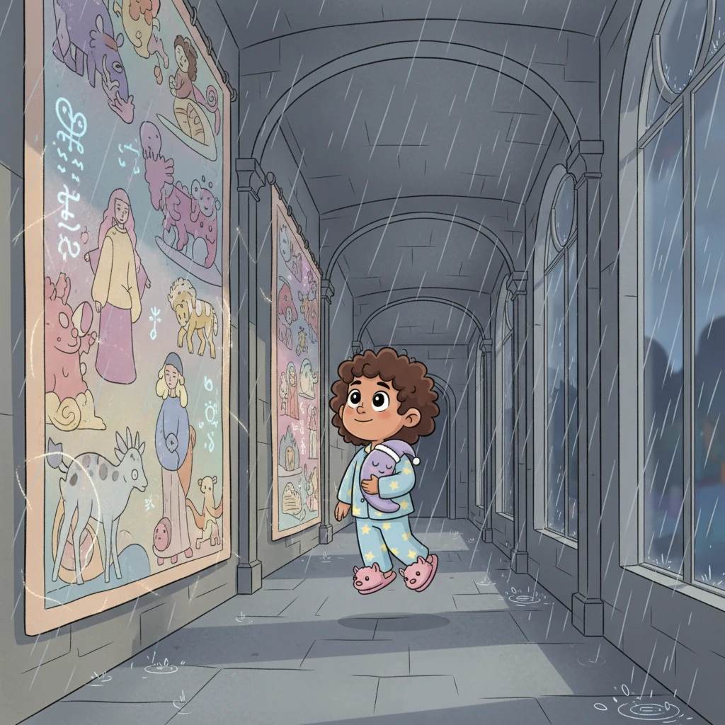 As you drift down the hallway, your eyes gently trace the intricate patterns woven into colossal tapestries that adorn the stone walls, their threads shimmering faintly with forgotten spells. These grand artworks seem to whisper tales of old, a soft, almost imperceptible hum that vibrates gently in the tranquil air. The rain outside whispers its own continuous story against the tall windows, a soft, persistent presence that cradles the academy in its gentle embrace. You move with unhurried grace, a silent observer in this hallowed, sleeping place.