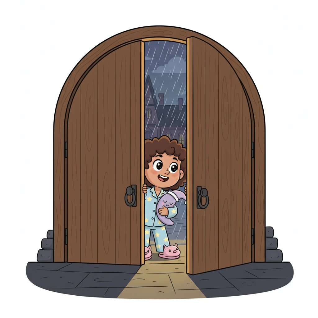 Your path leads you towards a magnificent, arched doorway, its polished oak doors slightly ajar, revealing a sliver of warm, inviting light from within. This is the entrance to the Grand Library, a place where countless stories and secrets slumber, waiting patiently for a curious mind. The gentle glow seeping from beneath the doors paints a soft, golden rectangle on the dark corridor floor, a beacon of quiet wonder. Outside, the rain continues its soft, rhythmic dance, a soothing backdrop to the academy's hidden magic.