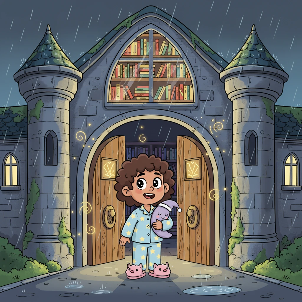 You pause before the grand library entrance, allowing the quiet reverence of the space to wash over you like a warm, comforting wave. A faint scent of old parchment and subtle magic drifts out, tickling your senses with its delicate promise of knowledge and adventure. You take another slow, deep breath, feeling the profound stillness and ancient wisdom that resides within these walls, a silent invitation to explore. The soft patter of rain remains a constant, gentle companion, harmonizing with the hushed atmosphere of the academy.