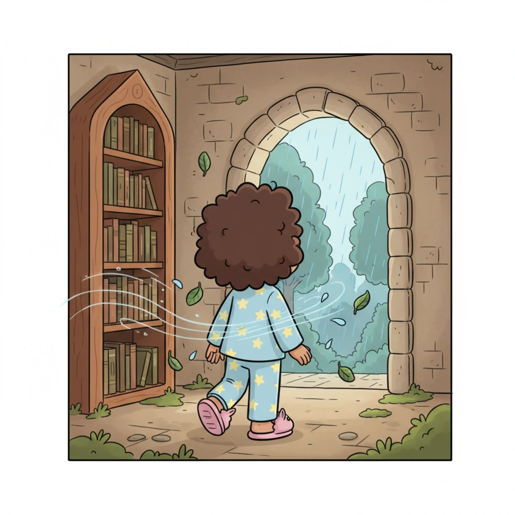 Turning gently from the library, your gaze is drawn to a wide, open archway further down the corridor, through which a soft, cool breeze subtly stirs the air. This gentle current, carrying the fresh scent of damp earth and distant greenery, beckons you with an almost imperceptible pull, a whisper of the world beyond the stone walls. You feel a quiet curiosity, a soft desire to follow where the breeze leads, your steps light and unhurried. The rain outside continues its calming descent, a soft curtain of sound around the sleeping academy.